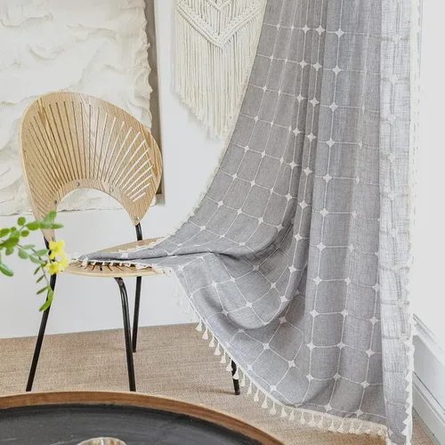 Vista 11 de Deeprove Cenefa de Cortina Boho Aqua de 18 Pulgadas de Largo, Celosía Bohemia Verde Azulado Cuadros Vichy con Textura Bordada, Borlas Vintage