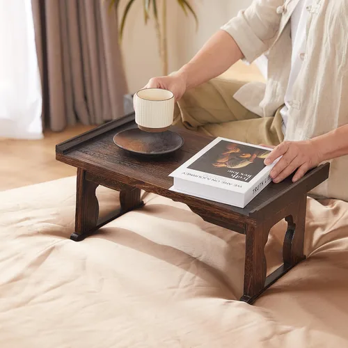 Vista 6 de Mesa de piso japonesa, pequeña mesa de café y té, altar para meditación, mesa baja para sentarse en el piso, bandeja de cama de madera con patas