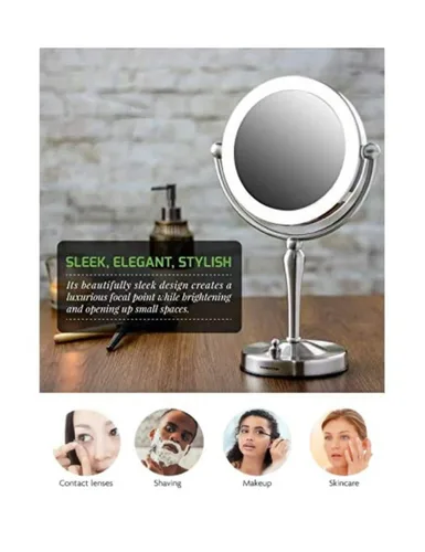 Vista 9 de Ovente Espejo de maquillaje iluminado para mesa de 7.5 pulgadas, 360 grados, giro de doble cara, 1 lupa redonda de 10X, LED con interruptor