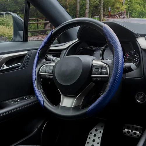 Vista 6 de Amiss Funda antideslizante de fibra de carbono para volante de automóvil, accesorios interiores de automóvil, protector de volante segmentado