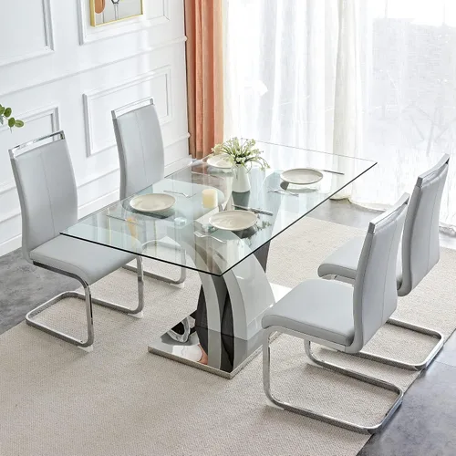Vista 10 de AZmac Juego de mesa de comedor de cristal para 4, juego de mesa de comedor de 63 pulgadas para 4, mesa de cocina moderna y 4 sillas de comedor