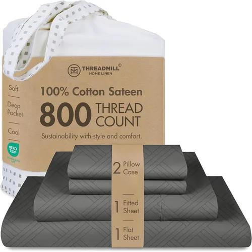 Vista 39 de Threadmill Sábanas para Cama Individual – 800 Número de Hilos Jacquard Celine Gris Oscuro, 100% Algodón Natural Juego de Cama de 3 Piezas a Rayas