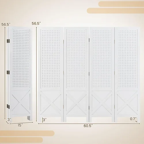 Vista 7 de Giantex Divisor de ambientes de 4 paneles, pantalla de privacidad plegable de granja de 4.7 pies, soporte de madera maciza para manualidades Blanco