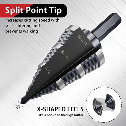Vista 3 de Broca de Paso de 1/4 a 1-3/8 Pulgadas, Brocas de Paso de Acero de Alta Velocidad M2 de Doble Flecha, Broca de Paso con Ranura Recta para Taladrar