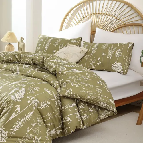 Vista 6 de Janzaa 3 fundas de edredón de tamaño queen, diseño floral, color blanco, estampado botánico en Qlive Geen, funda de edredón suave con cierre