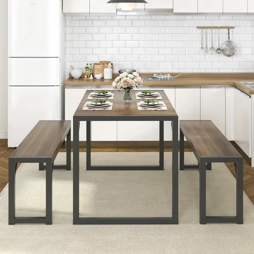 Vista 10 de Allewie Juego de mesa de comedor de 3 piezas con bancos, comedor de metal resistente que ahorra espacio para cocina, sala de estar, estudio, patas