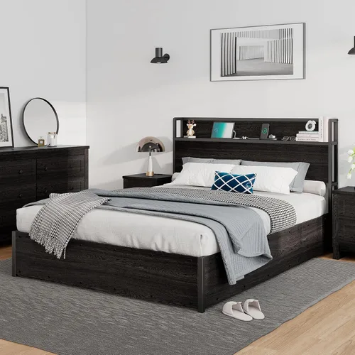 Vista 4 de LUXOAK Cama de Almacenamiento Elevable Tamaño Full, Marco de Cama Plataforma de Madera con Cabecera de Almacenamiento y Estación de Carga, No Negro