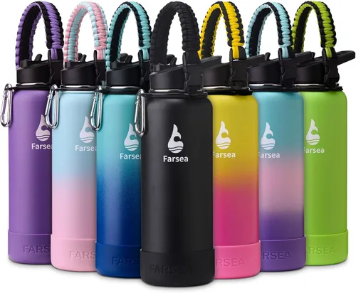 Vista 58 de Botella de agua Farsea aislada con asa de paracord, protector y 2 tapas (tapa de pajita y tapa de boquilla), de acero inoxidable, boca ancha, doble
