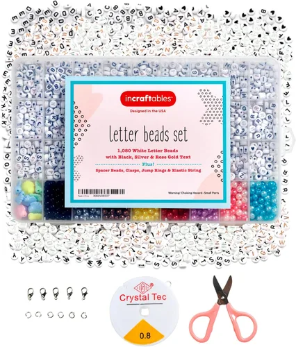 Incraftables Cuentas de letras de 3 colores para la fabricación de joyas (0.276 in, 1080 piezas). Alfabeto A-Z negro, plata y oro rosa para pulseras