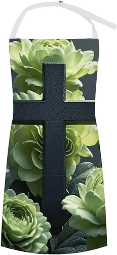 MUSM Apron for Adults - 27.6 X 31.5 Inch, Heavy-Duty Polyester Aprons with Two Large Pockets, Waterproof Black Cross Among Green Flowers Kitchen