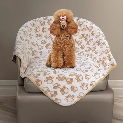 Stuffed Manta Premium Suave para Perro Pequeña Beige, con Franela Beige Lindo Estampado de Huellas, 24 x 32 pulgadas, Manta para Gatos Suministros