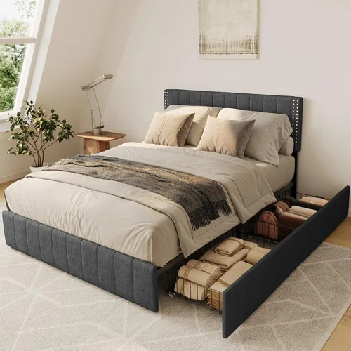 Vista 11 de Gizoon Base de cama matrimonial tapizada con 4 cajones de almacenamiento, cabecera ajustable, sin ruido, soporte de listones de madera, se adapta a