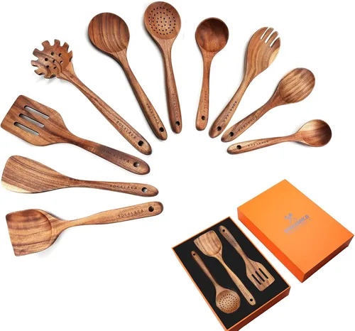 Vista 7 de Juego de utensilios de cocina de madera de teca, 7 piezas, utensilios de cocina de madera, incluye espátula