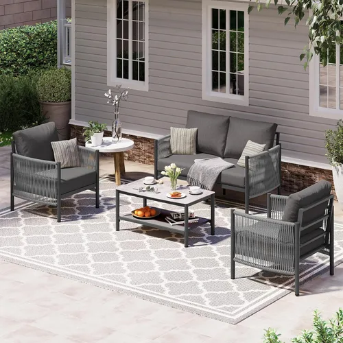 Vista 40 de Sofá de dos plazas de aluminio para patio exterior, sofá de patio de cuerda HDPE con cojín grueso lavable, muebles de patio para todo tipo de clima