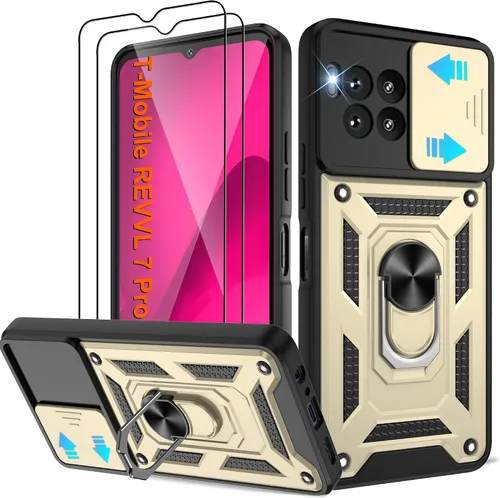 Vista 210 de ATUMP Funda para T-Mobile Revvl V Plus 5G con protector de pantalla HD con cubierta de cámara deslizante, soporte de anillo de rotación de 360° Negro