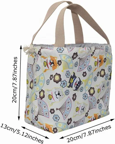 Vista 2 de Mini bolsa de almuerzo reutilizable pequeña linda bolsa de almuerzo con cordón adecuado para niñas, mujeres, perros, beige beige dog