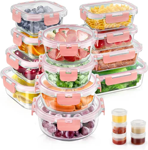 Vista 10 de 34 piezas de recipientes de vidrio para almacenamiento de alimentos con tapas, juego de recipientes herméticos de vidrio para preparar comidas