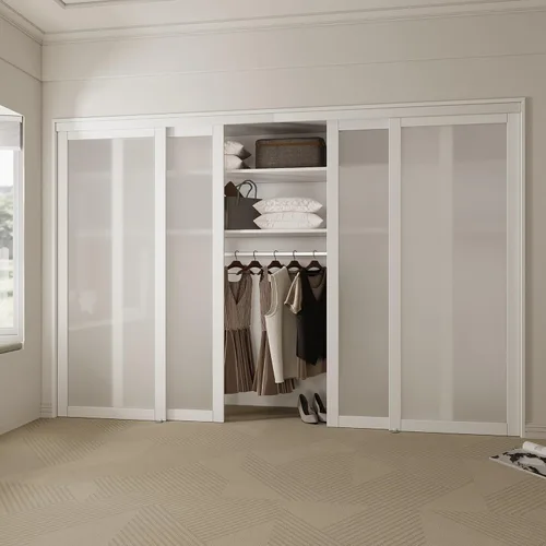Vista 11 de Puerta corrediza de armario de 60 x 80 pulgadas para dormitorios, puerta de vidrio templado esmerilado 5-Lite con herrajes, paneles deslizantes