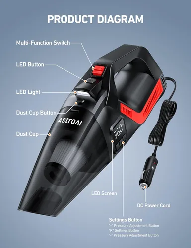 Vista 9 de AstroAI - Aspiradora de coche 4 en 1 y compresor de aire para neumáticos portátil con accesorios, pantalla digital de doble valor, 150 PSI, bomba
