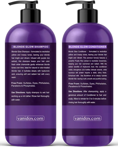 Vista 8 de VANIDOX Juego de champú y acondicionador morado tonificante sin sulfatos para cabello rubio, con mechas marrones o decolorado, champú para rubios