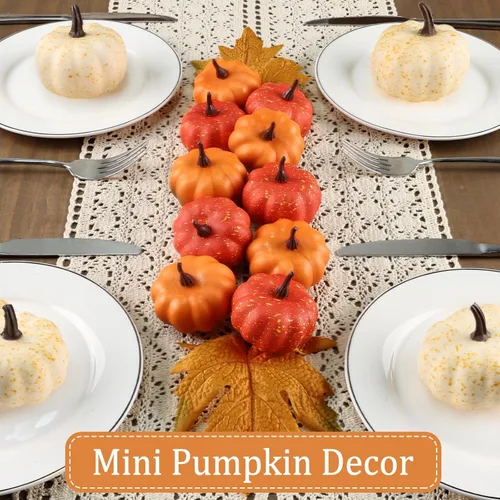 Vista 2 de Juego de 16 mini calabazas artificiales artificiales con hojas de otoño, espuma de plástico tallable, pequeñas calabazas blancas para decoración