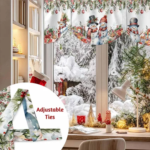 Vista 4 de Cenefa de amarre de muñeco de nieve de dibujos animados para ventanas de cocina, bolas de Navidad, ramas de hojas, cenefas de cortina de 42 x 12