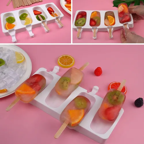 Vista 3 de Sakolla - Juego de moldes de silicona para paletas de hielo, 4 cavidades, moldes para helado ovalados con 50 palos de madera