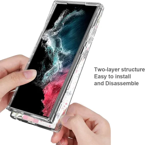 Vista 4 de Funda para Galaxy S23 Ultra, Samsung S23 Ultra S918U con protector de pantalla de vidrio templado, funda protectora de TPU transparente floral