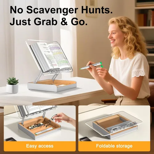 Vista 4 de Soporte para libros con almacenamiento, soporte para libros para lectura con manos libres, soporte de madera para libros de cocina para encimera