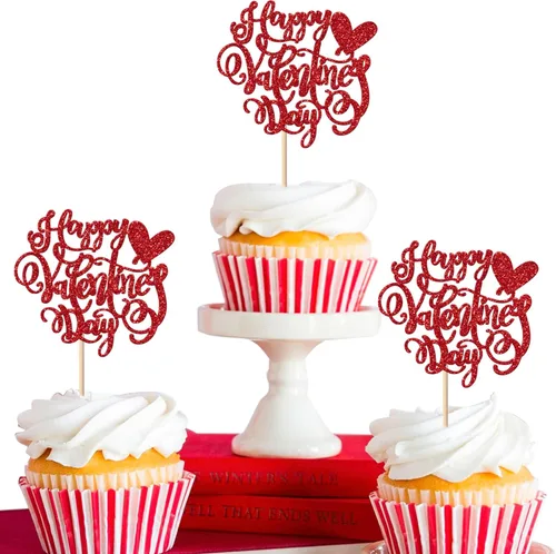 Vista 14 de Paquete de 24 adornos para cupcakes para el día de San Valentín con purpurina de corazón dulce para pies de bebé, decoración de cupcakes para el día
