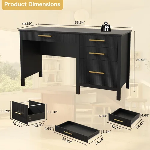 Vista 2 de Modern Executive Desk with Drawers: 54 Inch Black Home Office Desks with File Drawer, Wood Fluted Desk with Storage, Writing Computer Desks with 4