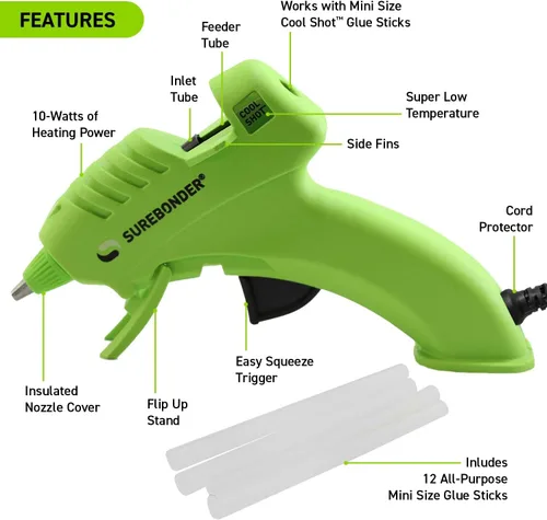 Vista 2 de Surebonder Kit de mini pistola de pegamento de 10 W de temperatura ultra baja con 12 barras de pegamento, une materiales delicados como papel, tela