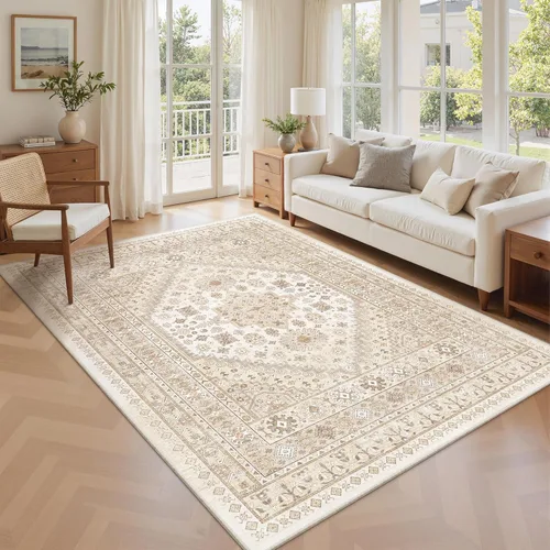 Vista 114 de zesthome Alfombras de área de 5 x 7, lavables a máquina, para sala de estar, dormitorio, resistentes a las manchas, vintage, de gran área, Beige