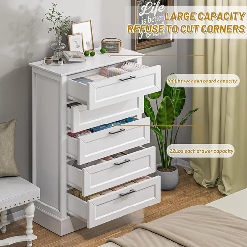 Vista 3 de ZLWJGY Cómoda blanca para dormitorio, cómoda de madera con 5 cajones, cómoda para dormitorio, sala de estar, entrada, pasillo, asas negras