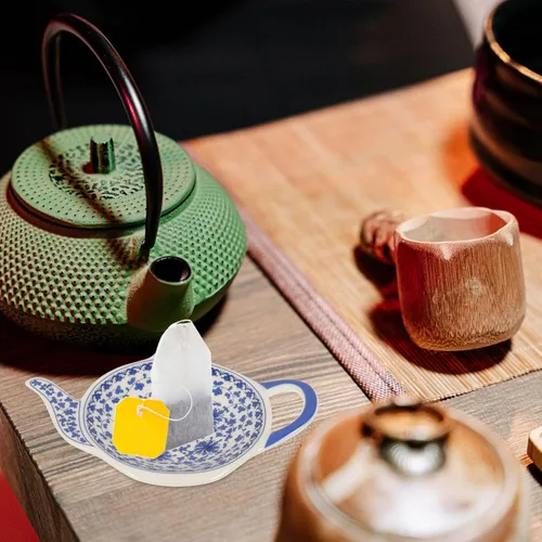 Vista 4 de BESTonZON Soporte de cerámica para bolsitas de té: 4 piezas en forma de bolsita de té con forma de tetera posavasos para condimentos