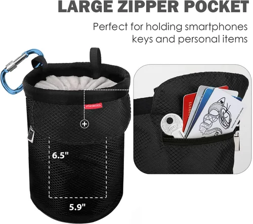 Vista 5 de Moko Rock Climbing Chalk Bag, Bouldering Chalk Pot Bucket with Adjustable Belt & Carabiner Drawstring Climbing Gear