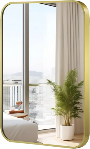 Vista 9 de Espejo de pared negro de 22 x 30 pulgadas para baño, espejo con marco de metal cepillado con esquina redondeada, espejo rectangular de tocador