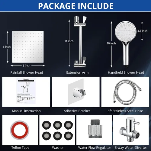 Vista 7 de Cabezal de ducha, regadera de mano y lluvia de 8 pulgadas, juego de regadera de alta presión con brazo de extensión de 11 pulgadas, cabezal de ducha