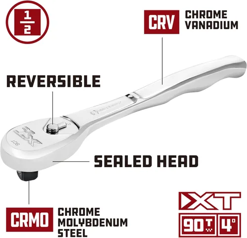 Vista 3 de Powerbuilt trinquete profesional XT90 de 90 dientes con accionamiento de 1/2 pulgadas, trinquete de cabeza sellada, pulido completo, mango largo