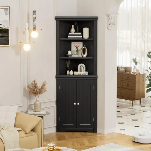 Flamaker Gabinete de Esquina, Estante de Esquina Independiente con 2 Puertas y 3 Estantes, Gabinete de Almacenamiento de Esquina para Baño, Sala de