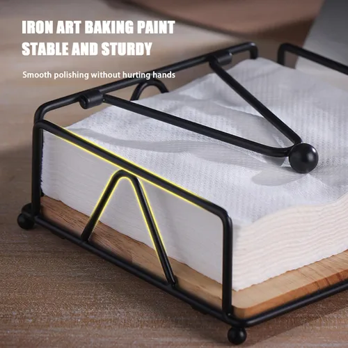 Vista 4 de Metal Napkin Holder with Weighted Tension Arm & Wooden Base, Rustic Dispenser for Table & Kitchen, Black