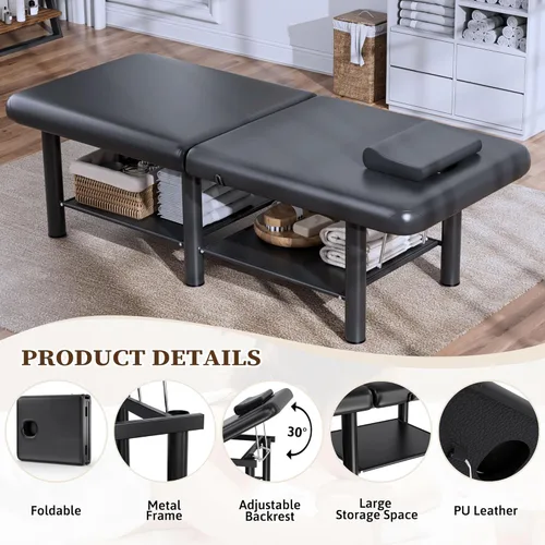 Vista 4 de Mesa de masaje plegable estacionaria, mesa de tratamiento con respaldo ajustable y gran espacio de almacenamiento, amplia mesa de masaje con marco