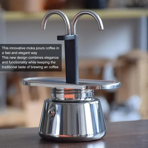 Vista 5 de LIZEALUCKY Olla moka de acero inoxidable, cafetera de doble boquilla para estufa, cafetera de estilo italiano clásico, flujos de preparación oscuros