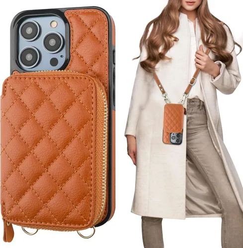 Vista 15 de Bocasal Funda tipo cartera cruzada para iPhone 14 Pro, funda de piel sintética con cremallera y bloqueo RFID, cartera tipo bolso con tapa, soporte
