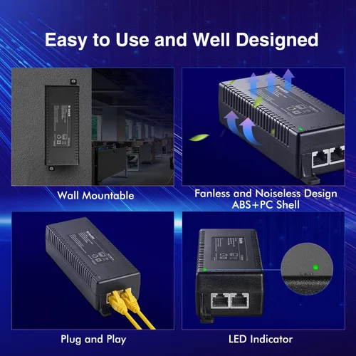 Vista 6 de MokerLink Inyector Gigabit PoE, 802.3af/at/bt 60W, 10/100/1000Mbps Ethernet, Plug & Play, distancia de hasta 328.1 ft (328 pies)