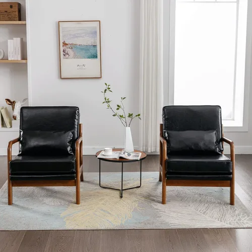 Vista 5 de Silla de Acento Moderna de Mediados de Siglo para Sala de Estar - Cómoda Silla con Brazo de Madera Maciza con Almohada Lumbar, Silla Lateral Negro