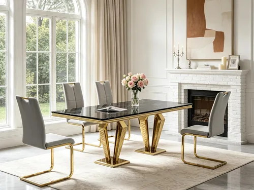 Vista 33 de 5 Piece Black Marble Dining Table Set for 4, Modern Faux Marble Kitchen Dining Room Tables with 4 Leather Chairs Set, 68.11" Luxury Rectangular