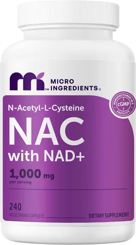 Micro Ingredients NAC with NAD+ 1,000 mg Per Serving, 240 Vegetarian Capsules | 2-in-1 N-Acetyl-L-Cysteine with Nicotinamide Adenine Dinucleotide |