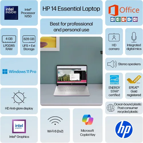 Vista 2 de HP Computadora portátil ultra ligera de 14 pulgadas 2026 Premium, MS Office, Copilot AI, CPU Intel de 4 núcleos, RAM DDR5 de 4 GB, almacenamiento
