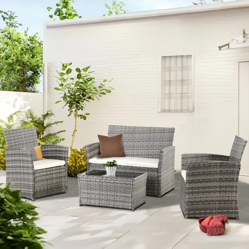 Vista 9 de PORWEY Muebles de patio para exteriores, juego de sofá seccional de 4 piezas, muebles de balcón, sillas de mimbre de ratán con mesa y sofá biplaza